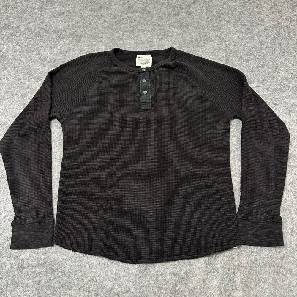 Lucky Brand Henley Mens L Black Lived In Thermal Long Sleeve Waffle Knit Shirt